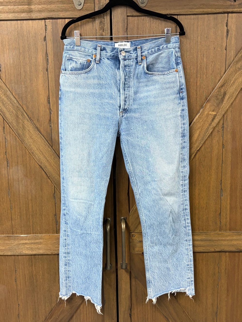 AGOLDE Designer Riley High Rise Straight Crop Frayed Hem Denim Size 28 - Picture 2 of 6